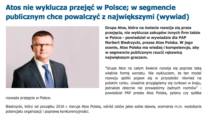 Atos nie wyklucza przejęć w Polsce Norbert Biedrzycki